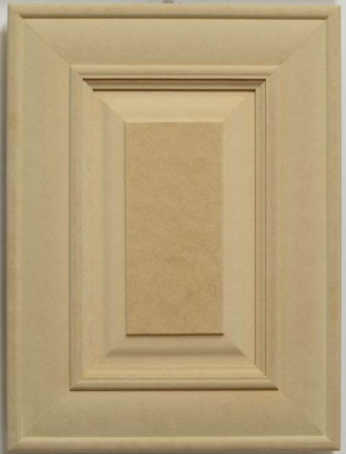 Banfield MDF Cabinet door with details rails that are mitered with a raised panel. It is one of our most popular cabinet door designs. Raw back.